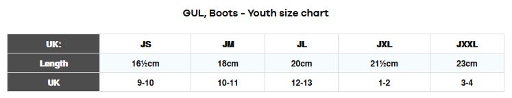 Gul Junior Footwear (S M L XL) 0 Size Chart